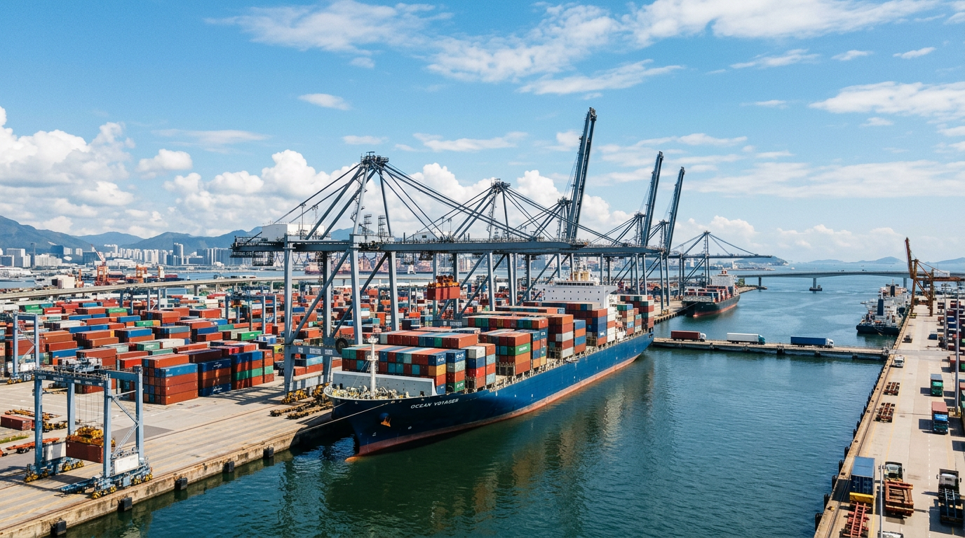 Container ship, port cranes, and freight trucks in clear daylight